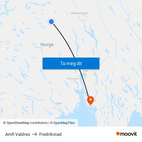 Amfi Valdres to Fredrikstad map