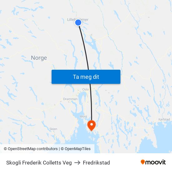 Skogli Frederik Colletts Veg to Fredrikstad map