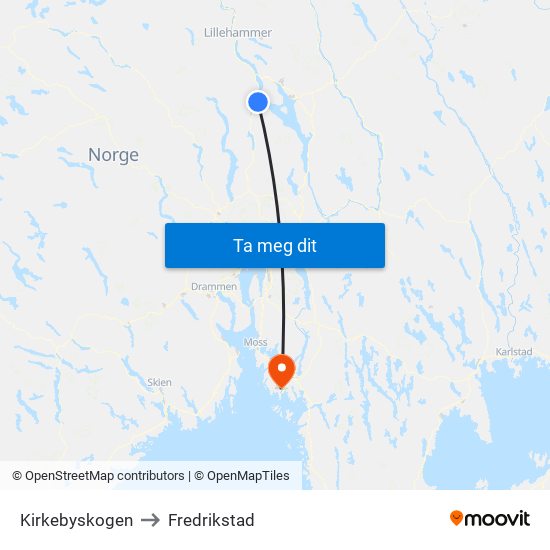 Kirkebyskogen to Fredrikstad map
