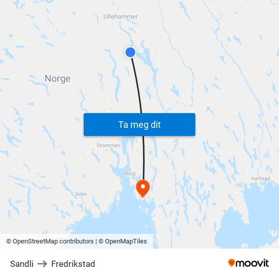 Sandli to Fredrikstad map