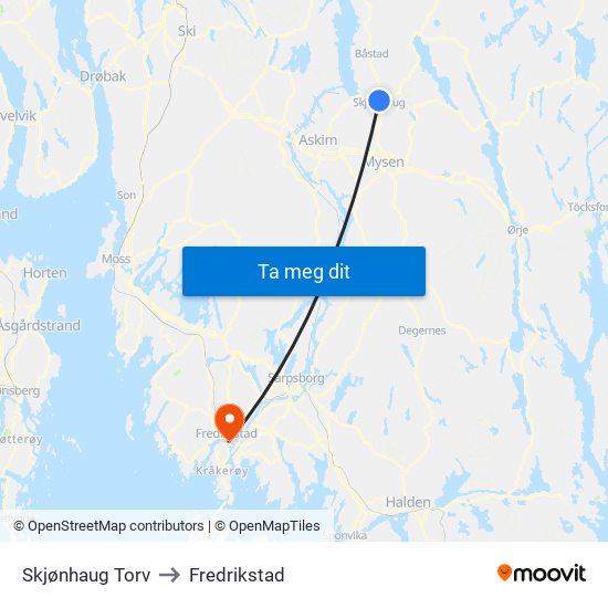 Skjønhaug Torv to Fredrikstad map