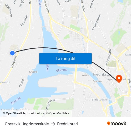 Gressvik Ungdomsskole to Fredrikstad map