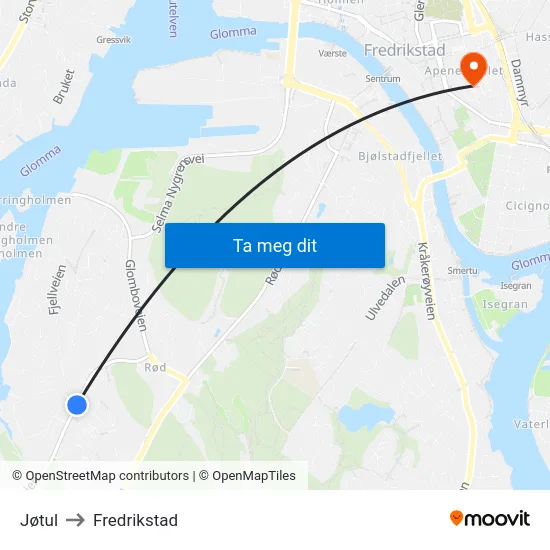 Jøtul to Fredrikstad map