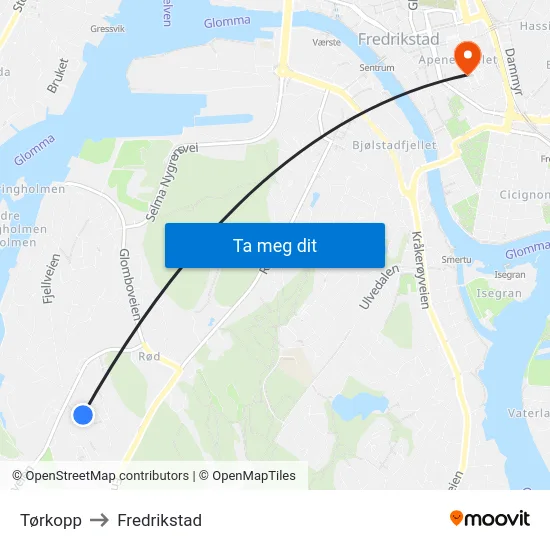 Tørkopp to Fredrikstad map