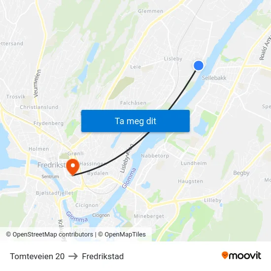 Tomteveien 20 to Fredrikstad map