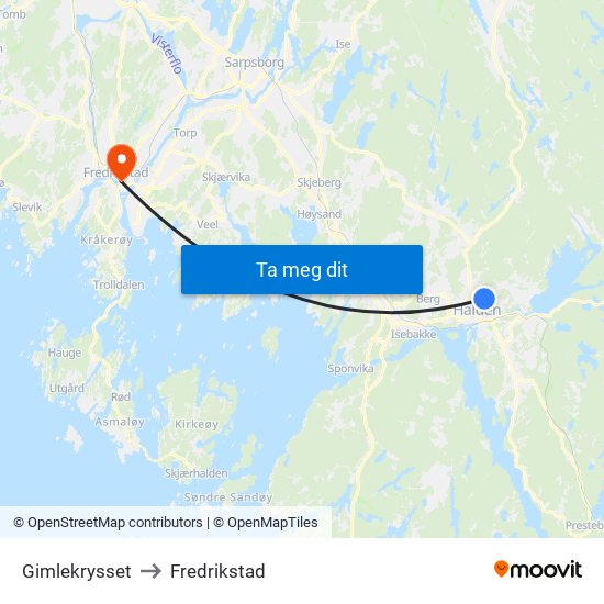 Gimlekrysset to Fredrikstad map