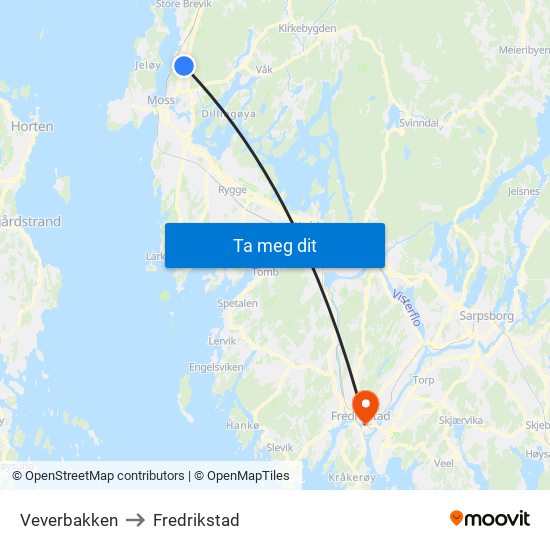 Veverbakken to Fredrikstad map