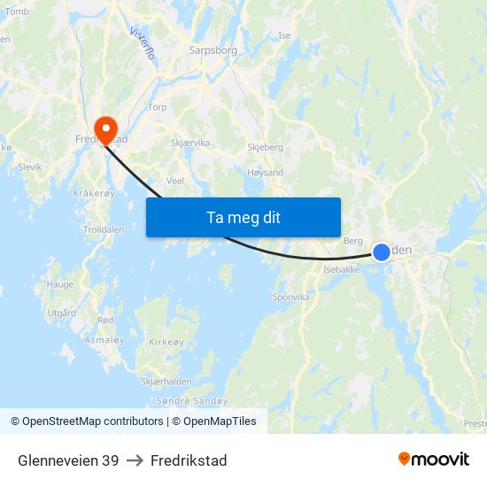 Glenneveien 39 to Fredrikstad map