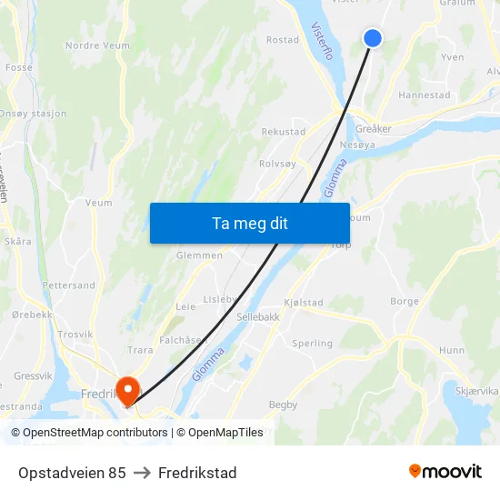 Opstadveien 85 to Fredrikstad map