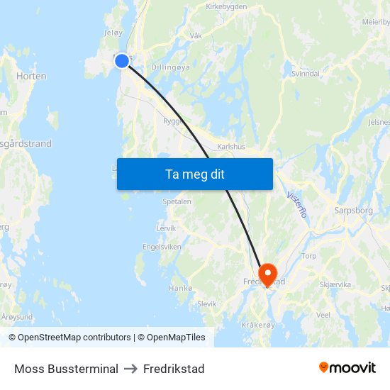 Moss Bussterminal to Fredrikstad map