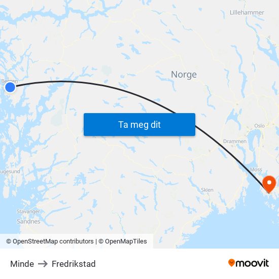 Minde to Fredrikstad map
