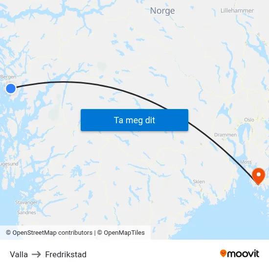 Valla to Fredrikstad map