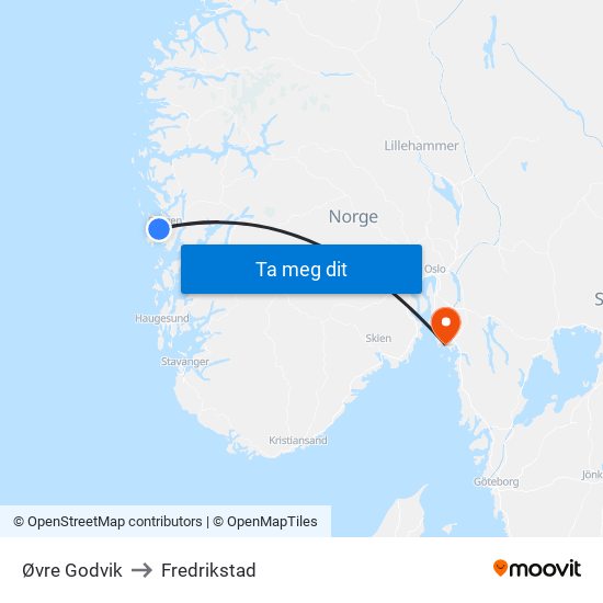 Øvre Godvik to Fredrikstad map