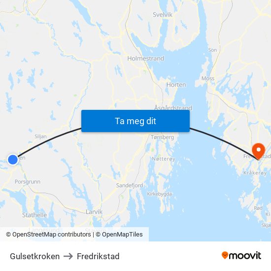 Gulsetkroken to Fredrikstad map