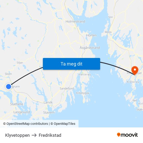 Klyvetoppen to Fredrikstad map