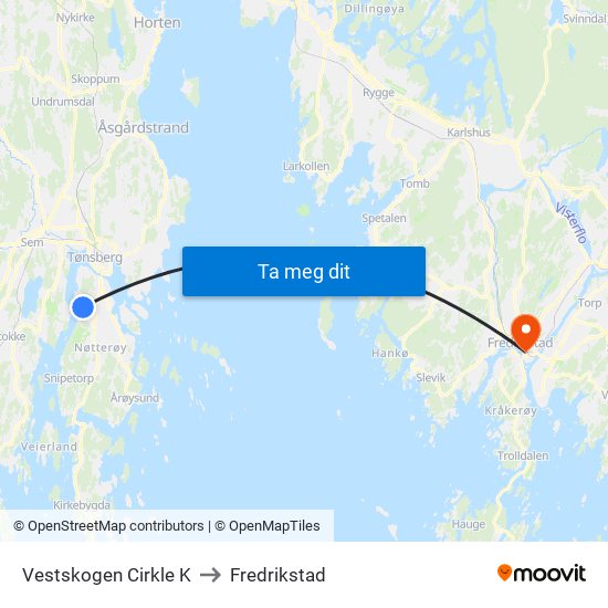 Vestskogen Cirkle K to Fredrikstad map