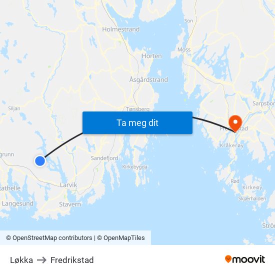 Løkka to Fredrikstad map