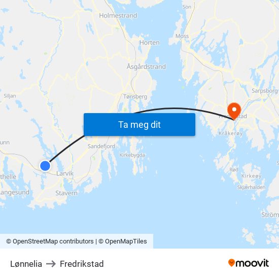 Lønnelia to Fredrikstad map