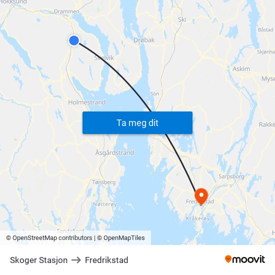 Skoger Stasjon to Fredrikstad map