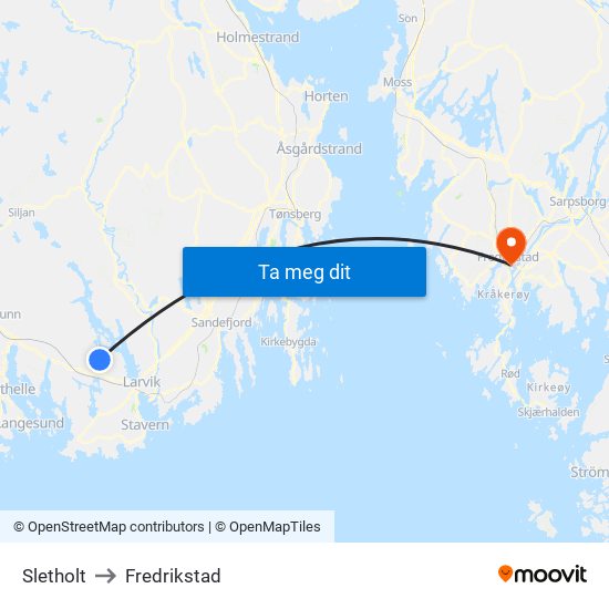 Sletholt to Fredrikstad map