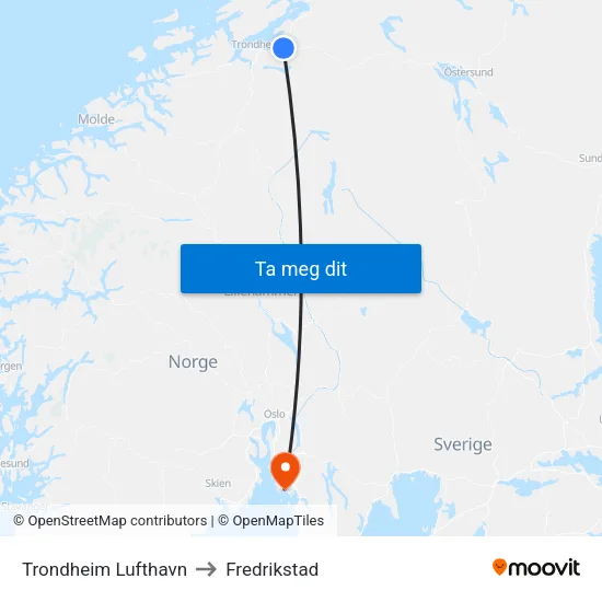 Trondheim Lufthavn to Fredrikstad map