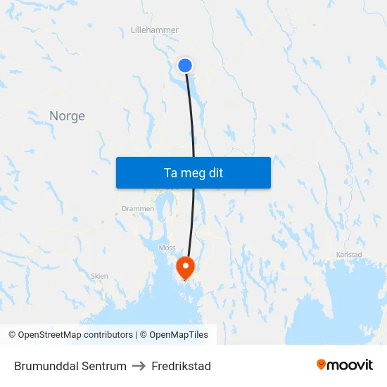 Brumunddal Sentrum to Fredrikstad map