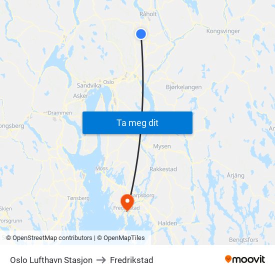 Oslo Lufthavn Stasjon to Fredrikstad map