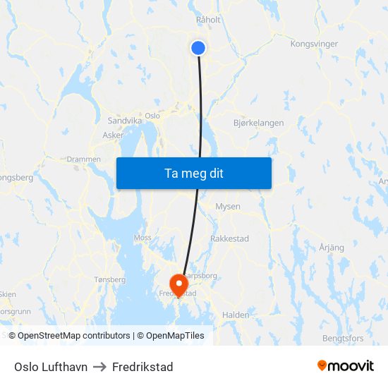 Oslo Lufthavn to Fredrikstad map