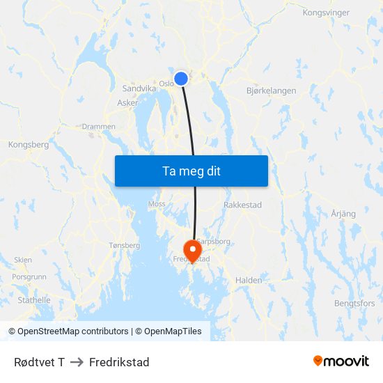 Rødtvet T to Fredrikstad map