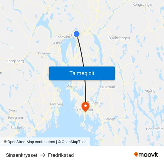 Sinsenkrysset to Fredrikstad map