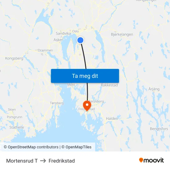 Mortensrud T to Fredrikstad map