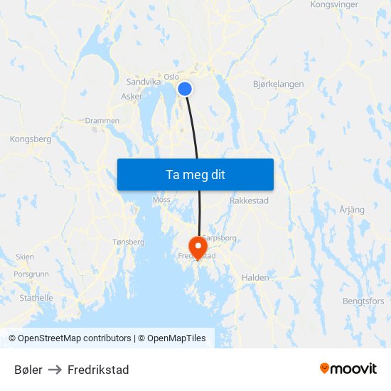Bøler to Fredrikstad map