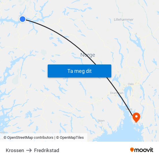 Krossen to Fredrikstad map
