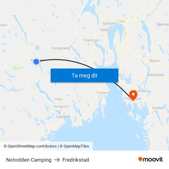Notodden Camping to Fredrikstad map