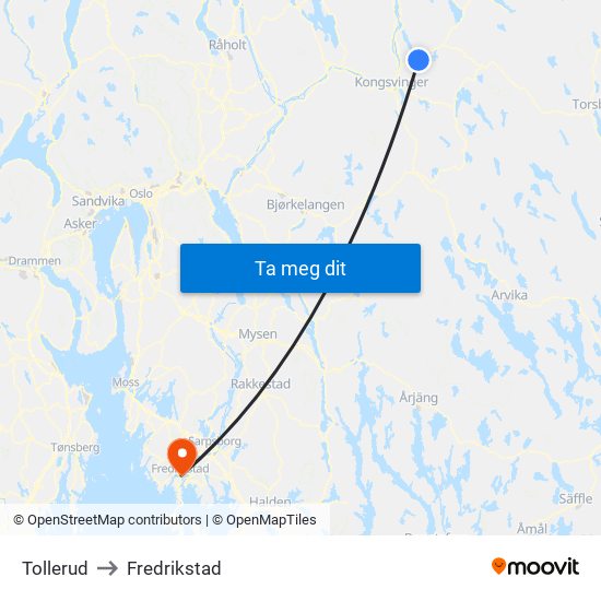 Tollerud to Fredrikstad map