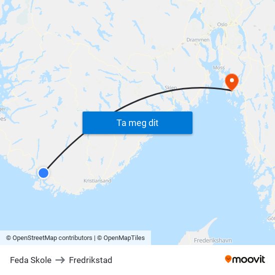 Feda Skole to Fredrikstad map