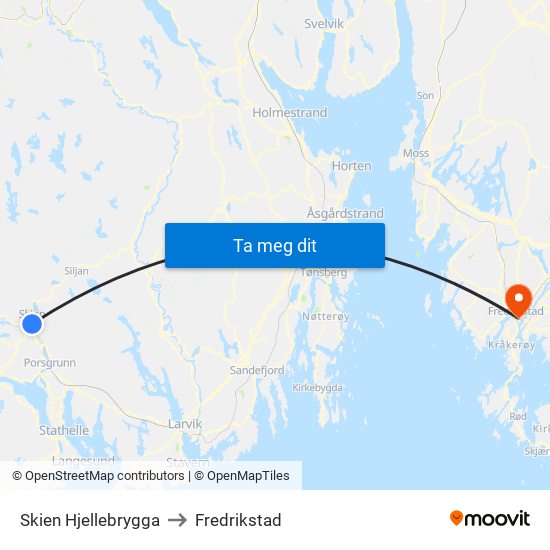 Skien Hjellebrygga to Fredrikstad map