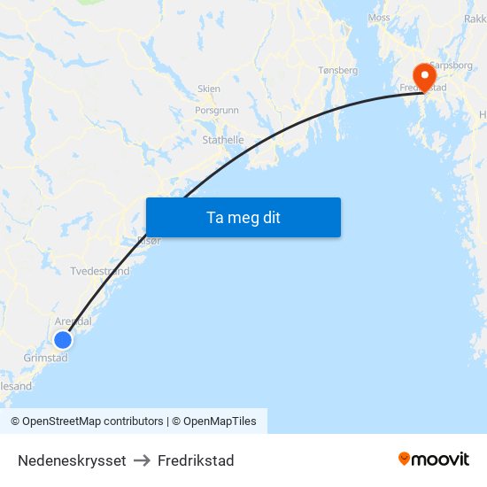 Nedeneskrysset to Fredrikstad map