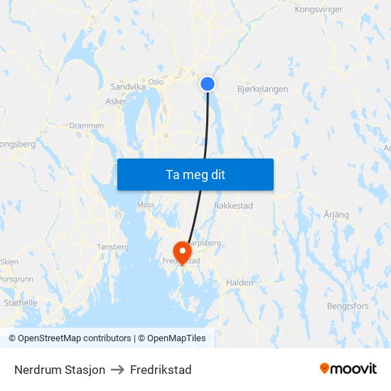 Nerdrum Stasjon to Fredrikstad map