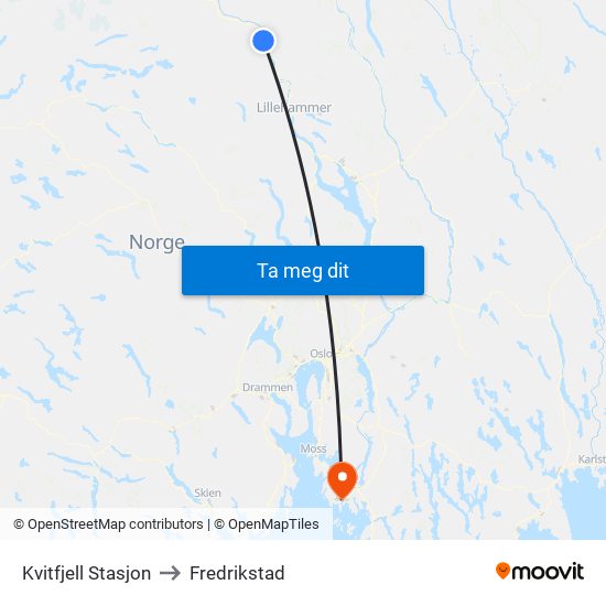 Kvitfjell Stasjon to Fredrikstad map