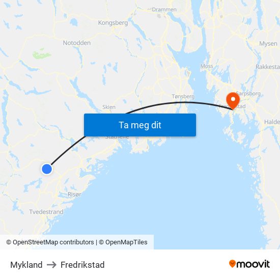 Mykland to Fredrikstad map