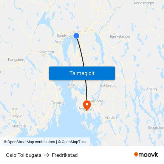 Oslo Tollbugata to Fredrikstad map