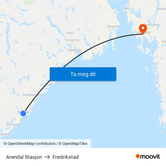 Arendal Stasjon to Fredrikstad map