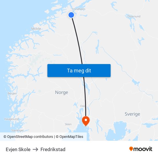 Evjen Skole to Fredrikstad map