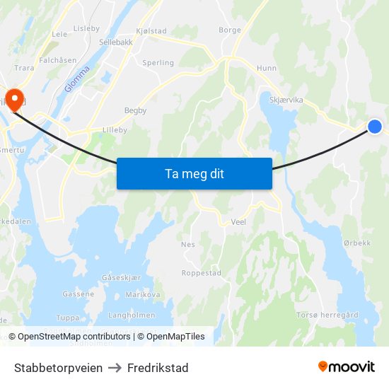 Stabbetorpveien to Fredrikstad map
