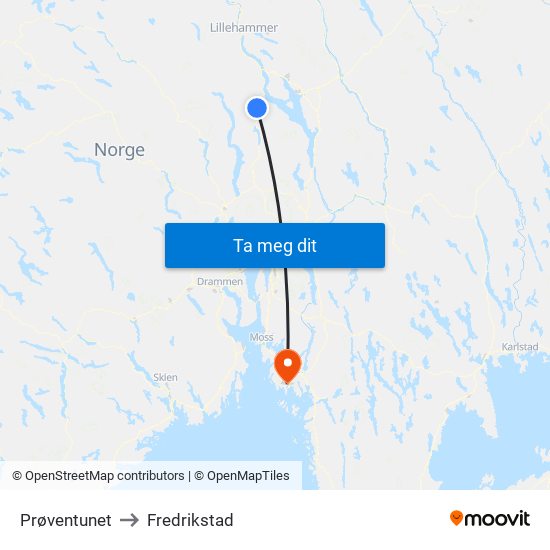 Prøventunet to Fredrikstad map