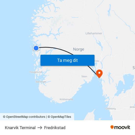 Knarvik Terminal to Fredrikstad map