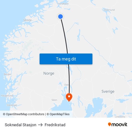 Soknedal Stasjon to Fredrikstad map