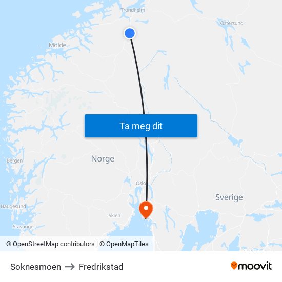 Soknesmoen to Fredrikstad map