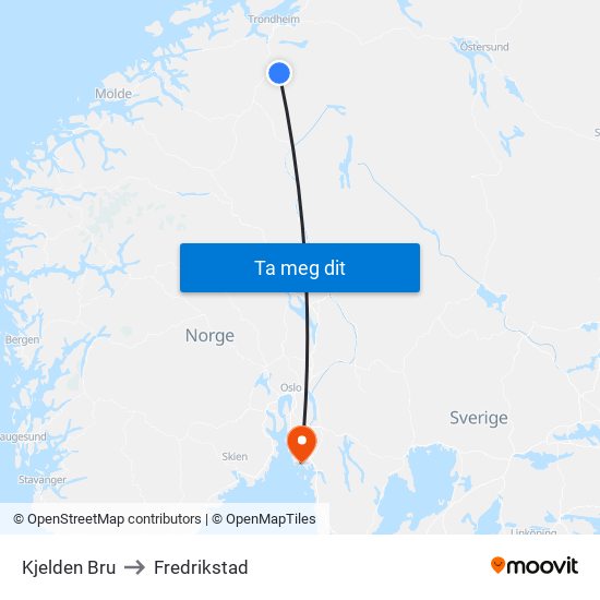 Kjelden Bru to Fredrikstad map
